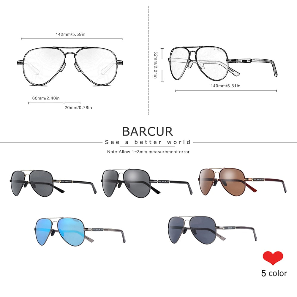 BARCUR Men Sunglasses Pilot Polarized Sun glasses Male Women accessories Driving Oculos Gafas De Sol