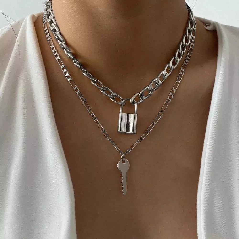 Long Cuban Link Key, Lock Choker Necklace Punk Layered Padlock, Key Pendants Necklaces for Women Fashion Collar Jewlery