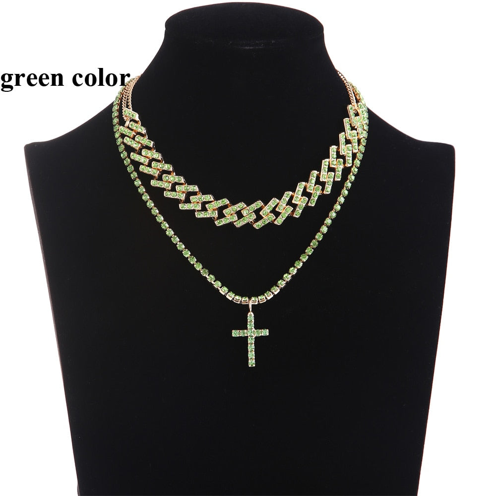 Cuban Link Necklace Set Cross Pendant Jewelry for Women Rhinestone Choker Luxury  Jewellery