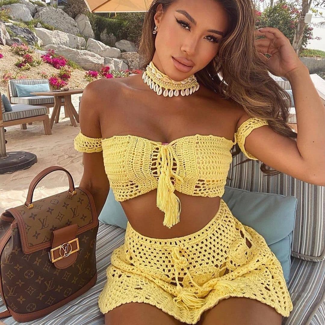 Crochet Two Piece Set Summer Beach Dress Hand Knitted Hollow Out Crop Top Mini Skirt Sheer Fishnet Cover Up Casual Suits