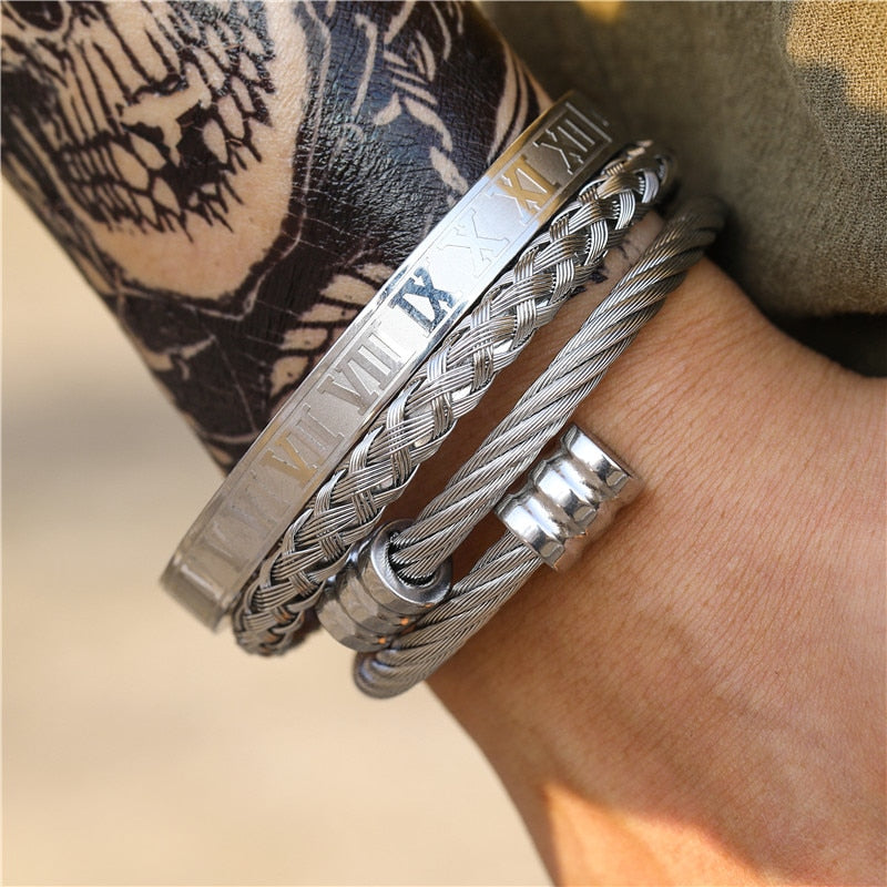 3Pcs/Set Gold Silver Color stainless steel Braided bracelet, Roman numeral dark punk heavy metal bracelet For Men Women Gift