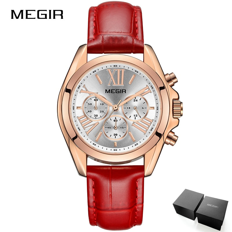 MEGIR Women Fashion Casual Quartz Wristwatch Chronograph Leather Strap Business Watch For Lady Relogios Feminiinos Clock