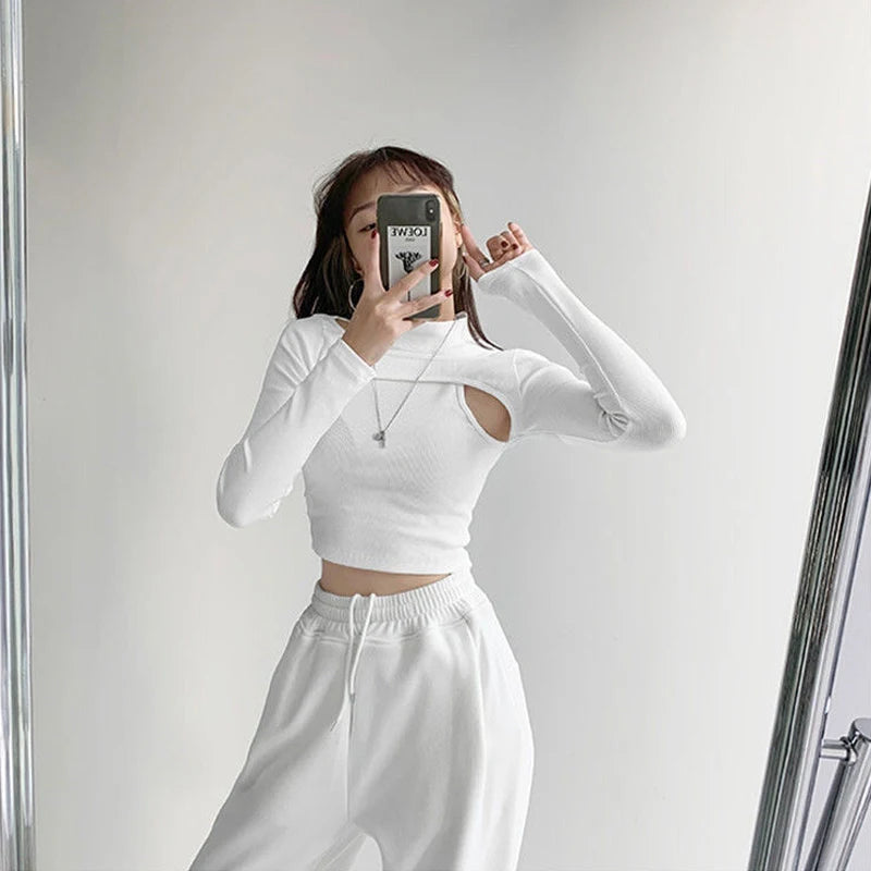 Hollow Knitted Crop Tops Women New Fitness Fake Two-piece T-shirt Female Black White Long Sleeve Tops