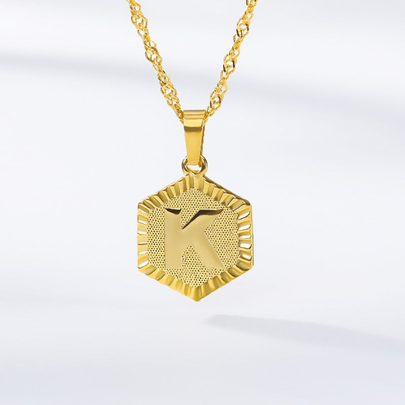 A-Z Letter Hexagon Initial Necklaces For Women Men Gold Color Stainless Steel Neck Male Female Pendant Necklace Jewelry