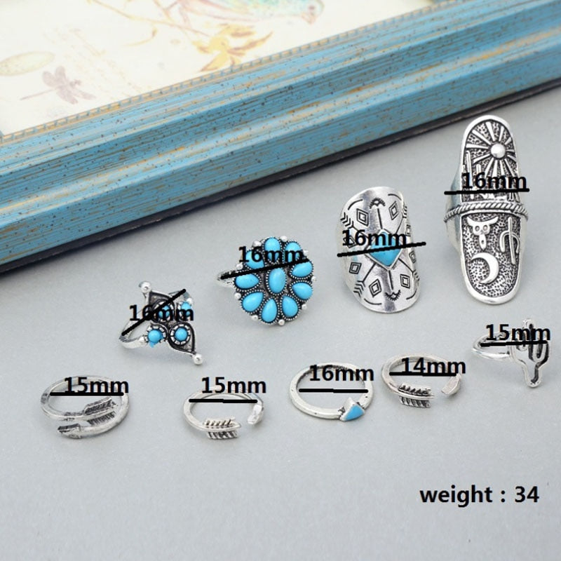Tocona 9pcs/Set Bohemia Antique Silver Color Arrow Moon Pattern Sunflower Rings Sets for Women Carving Rings Jewelry