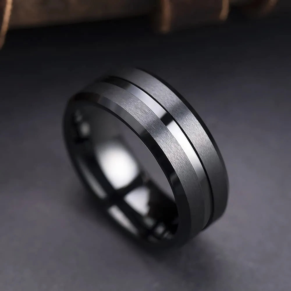Trendy Men's 8mm Black Titanium Wedding Band Rings Double Black Groove Beveled Edge Stainless Steel Engagement Ring For Men