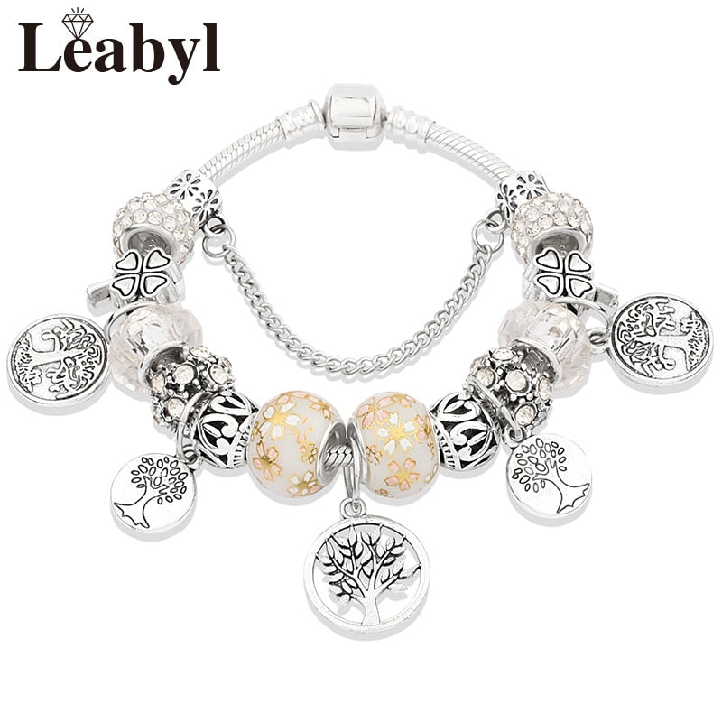 Silver Color Tree of Life Fashion Bead Bracelets Green Leaf Floral Crystal Charm Bracelet &amp; Bangle Pulsera Jewelry