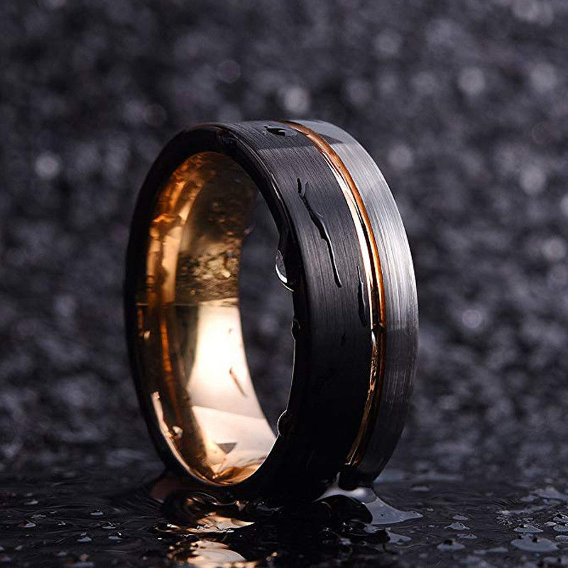 TIGRADE Ring Men Tungsten Ring Black Rose Gold Line Brushed 6/8mm Wedding Band Engagement Ring Men Party Trendy Bague Homme