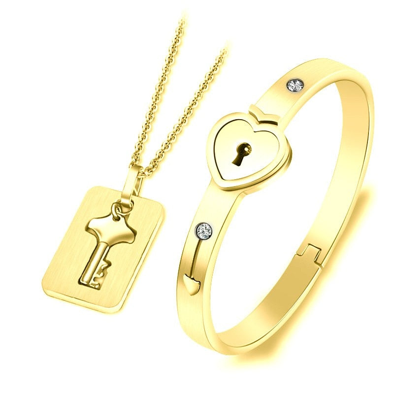 Concentric Lock Key Bracelet Non-Fading Forever Love Jewelry Set Vanentine Day Birthday Anniversary Memorial Day Gift