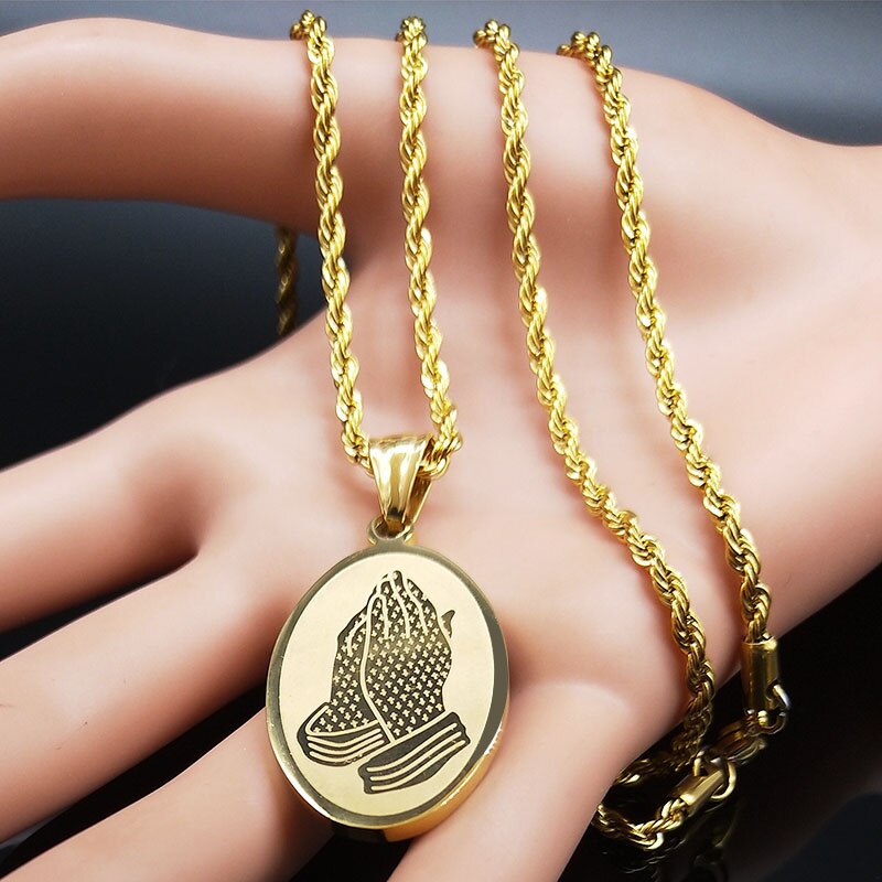 Praying Hands Jesus Stainless Steel Necklace for Women Gold Color Hip Hop Necklaces Pendants Jewelry joyas