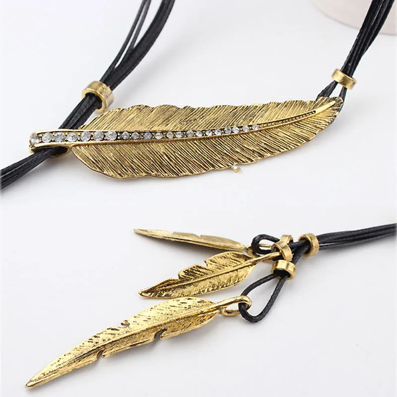 New Bohemian Style Rope  Leaf Feather Pattern Pendant For Women Fine Jewelry Collares Statement Necklace
