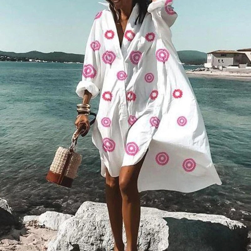 Summer Women Dresses Turn-down Collar Print Casual Long Sleeve Shirt Dress Oversized Loose Beach Party Vestidos Robe Blouse