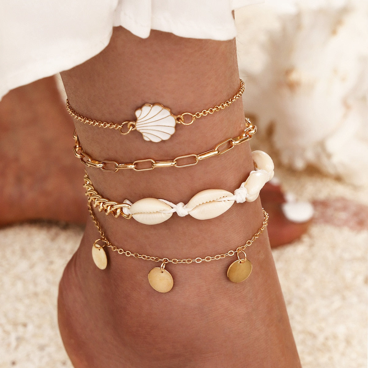 Bohemian Key Charm Anklet Set For Women Love Heart Lock Ankle Bracelet On Leg Foot Female Beach Jewelry