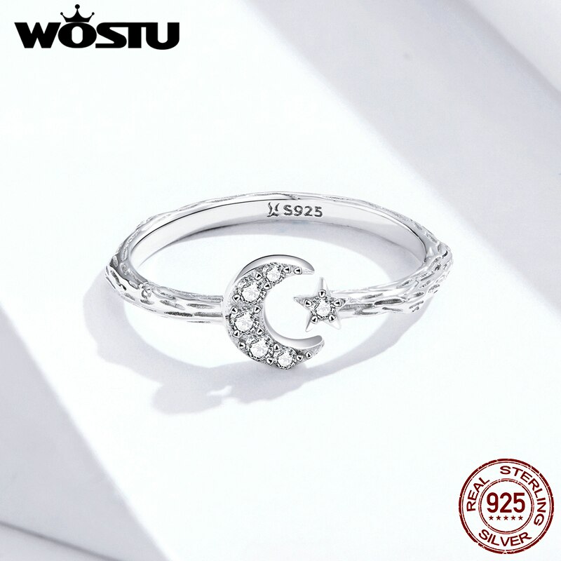 WOSTU Genuine 925 Sterling Silver Moon Star Rings Adjustable Size Finger Clear Zircon Wedding Ring Fashion Jewelry