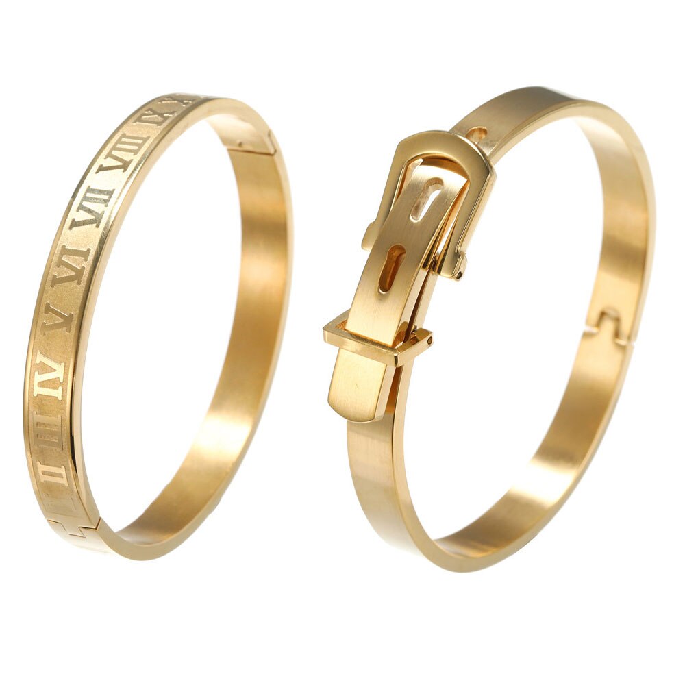 2Pcs/Sets Titanium Stainless Steel Bangle Roman Numerals Buckle Gold Color Open Cuff Bangle Bracelet Sets Men Women Open Bangles