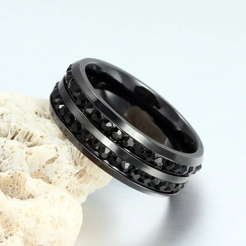 Fashion Couple Rings Women Black Heart Crystal  Rings Set Men's Two Rows Black  Stone Stainless Steel Ring Wedding Jewelry