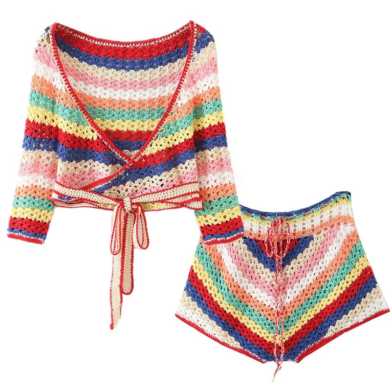 BOHO Lacing up Colored Striped Hand crochet Cardigan Sweater Women Bandage Mini Short Shorts Half Sleeve Tops 2 Pieces Set