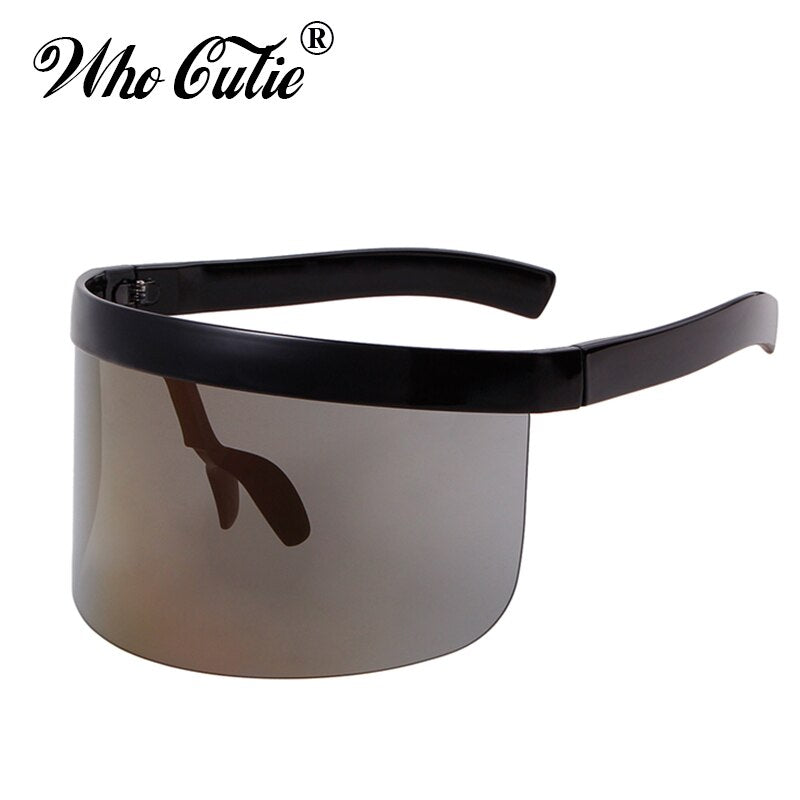 WHO CUTIE Oversize Shield Visor Mask Sunglasses Women One Peice Windproof Glasses Flat Top Hood Nicki Minaj