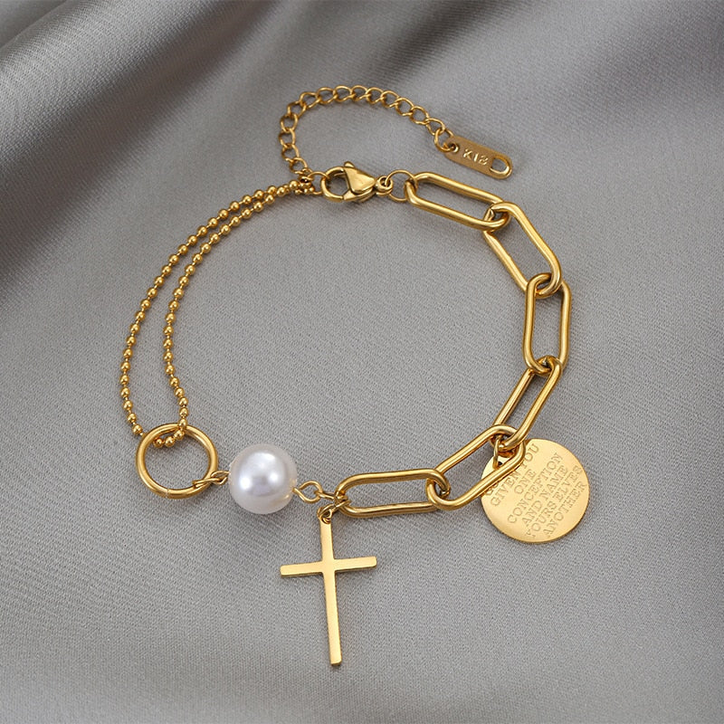 MEYRROYU Stainless Steel Layered Golden Pendant Bracelet For Women Retro Punk Gothic Portrait Coin Cross Pearl Bracelet Jewelry