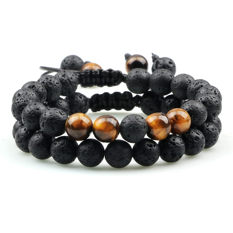 8mm Men Bracelets Black Lava Beads Bracelet Tiger Eye Adjustable Braided Rope Bangles Couple Distance Women Yoga Healing Jewelry