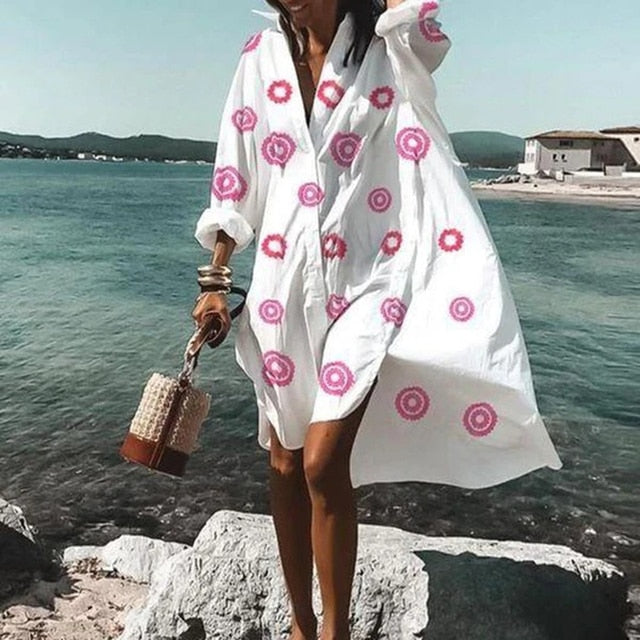 Summer Women Dresses Turn-down Collar Print Casual Long Sleeve Shirt Dress Oversized Loose Beach Party Vestidos Robe Blouse