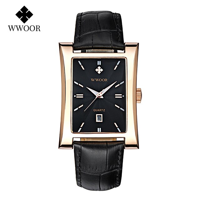 WWOOR Men Square Watches Top Brand Luxury Black Leather Strap Quartz Waterproof Clock Male Automatic Date Wrist Watch With Box