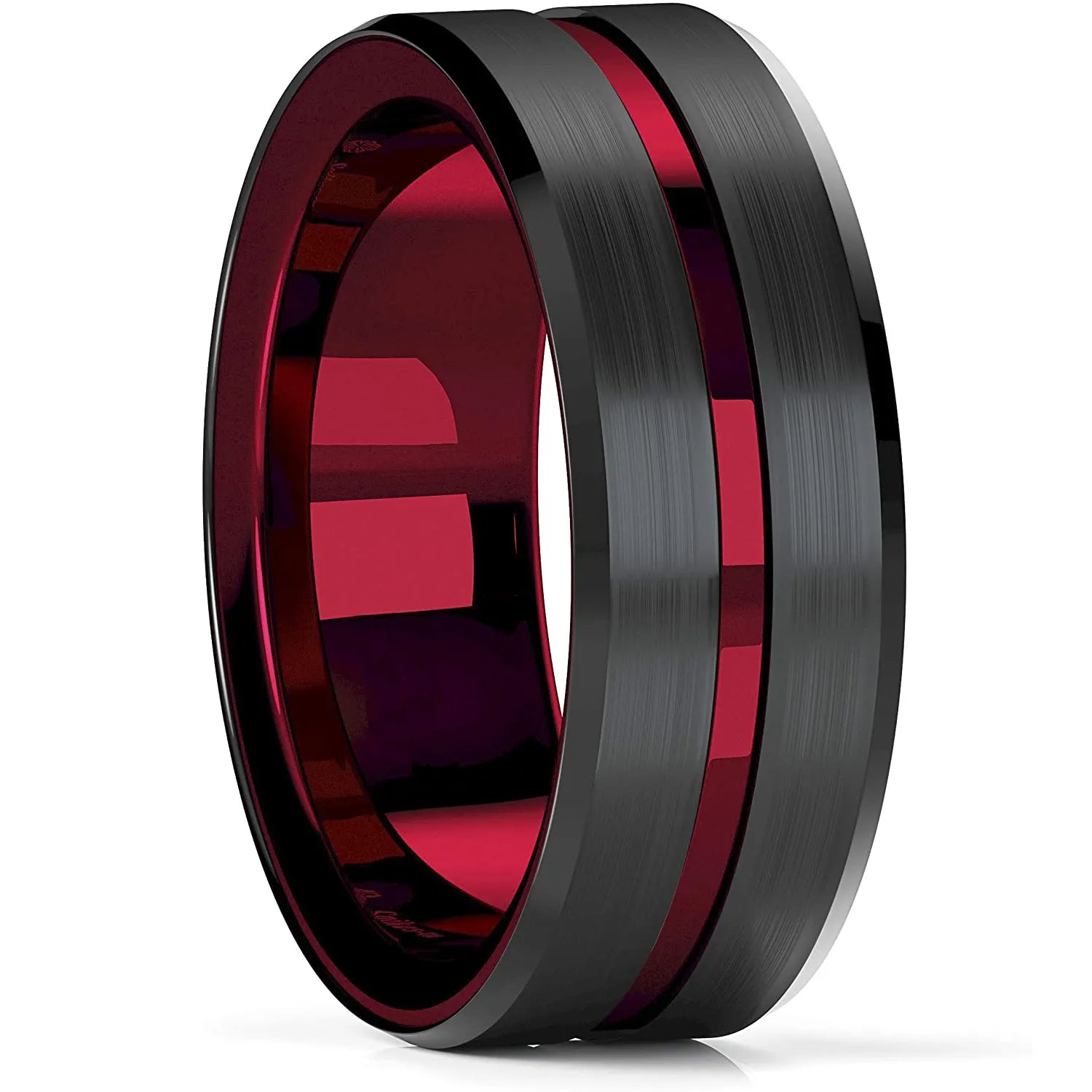 Trendy Men's 8mm Black Titanium Wedding Band Rings Double Black Groove Beveled Edge Stainless Steel Engagement Ring For Men