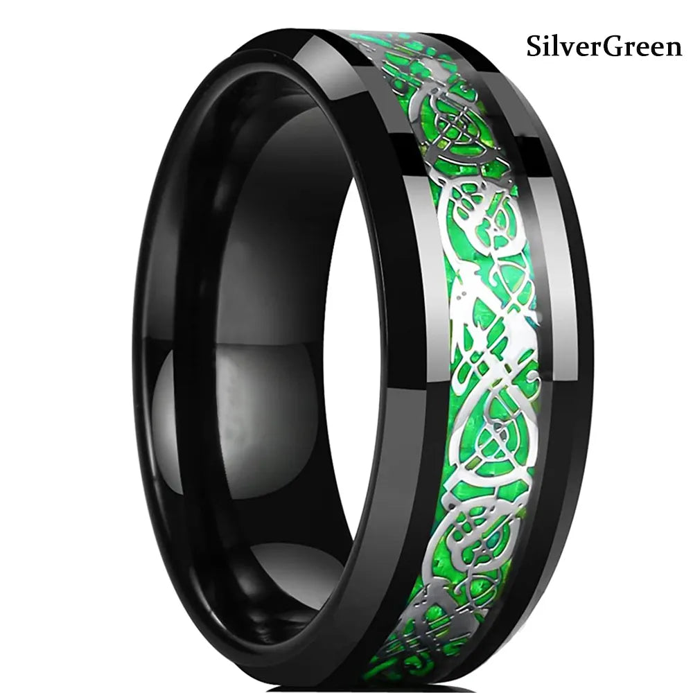 Fashion 8mm Red Groove Beveled Edge Stainless Steel Celtic Dragon Rings for Men Zircon Inlay Carbon Fibre Ring Men Wedding Band