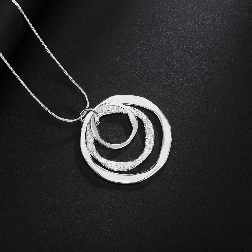 DOTEFFIL 925 Sterling Silver 18 Inches Three Circle Pendant Frosted Necklace For Women Fashion Wedding Party Charm Jewelry