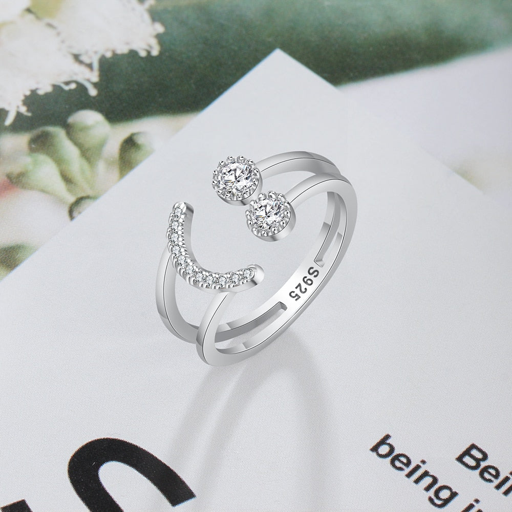 Resizable 925 Sterling Silver Ring Sparkling Cubic Zirconia Smile Face Design Adjustable Ring S925 Silver Jewelry