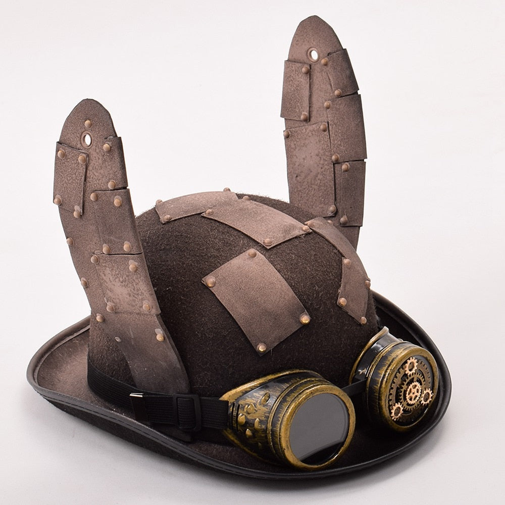 Steampunk Hat Retro Cute Rabbit Bunny Ears Google Billycock Groom Punk Bowler Fedora Women Top Hats