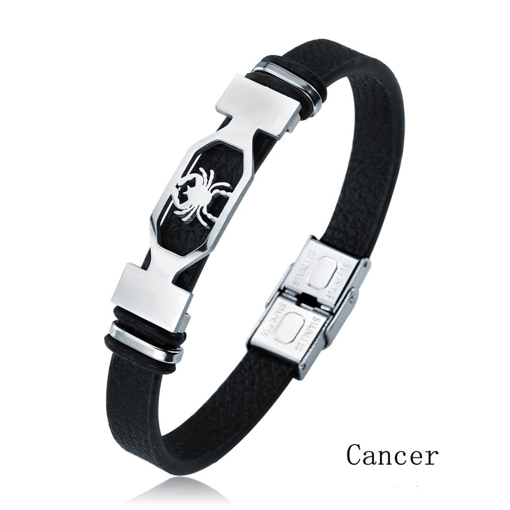12 Constellation Stainless Steel Cuff Bracelet Men Women Zodiac Sign Black Leather Wrap Bracelet Jewelry Pulseras Hombre