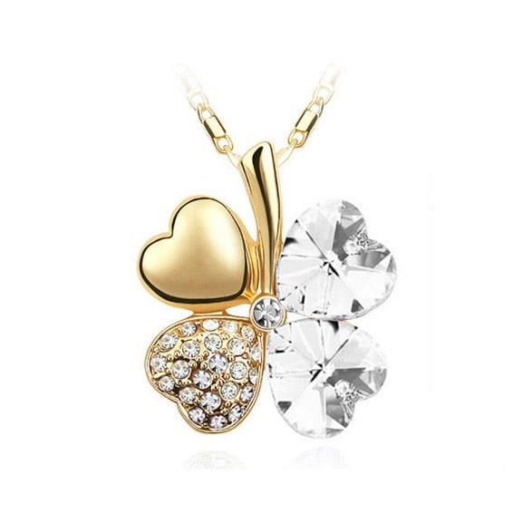 12 Color Fashion Austrian Crystal Four Leaf Leaves Clover Heart Rhinestones Necklace Pendant for Women White Gold Color Jewelry