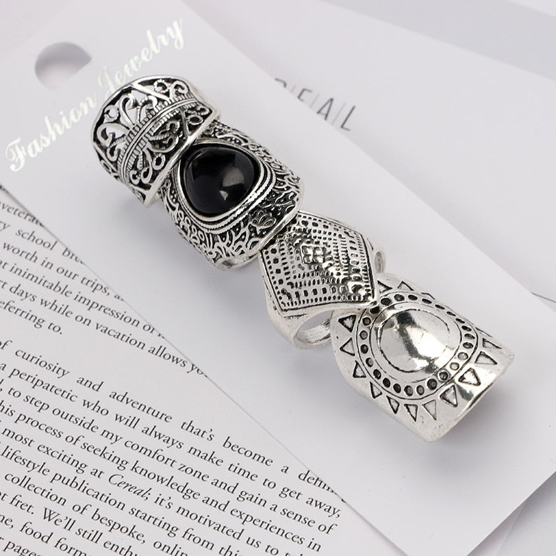 4PCS, Set Vintage Turkish Beach Punk Resin Beads Ring Set Ethnic Carved Silver Plated Boho Midi Finger Ring Knuckle Charm anelli
