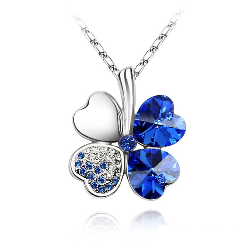 12 Color Fashion Austrian Crystal Four Leaf Leaves Clover Heart Rhinestones Necklace Pendant for Women White Gold Color Jewelry