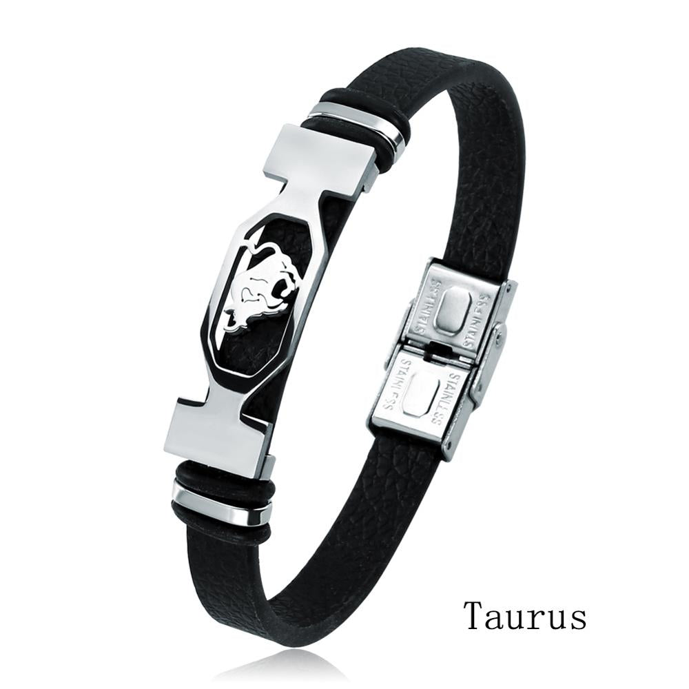 12 Constellation Stainless Steel Cuff Bracelet Men Women Zodiac Sign Black Leather Wrap Bracelet Jewelry Pulseras Hombre