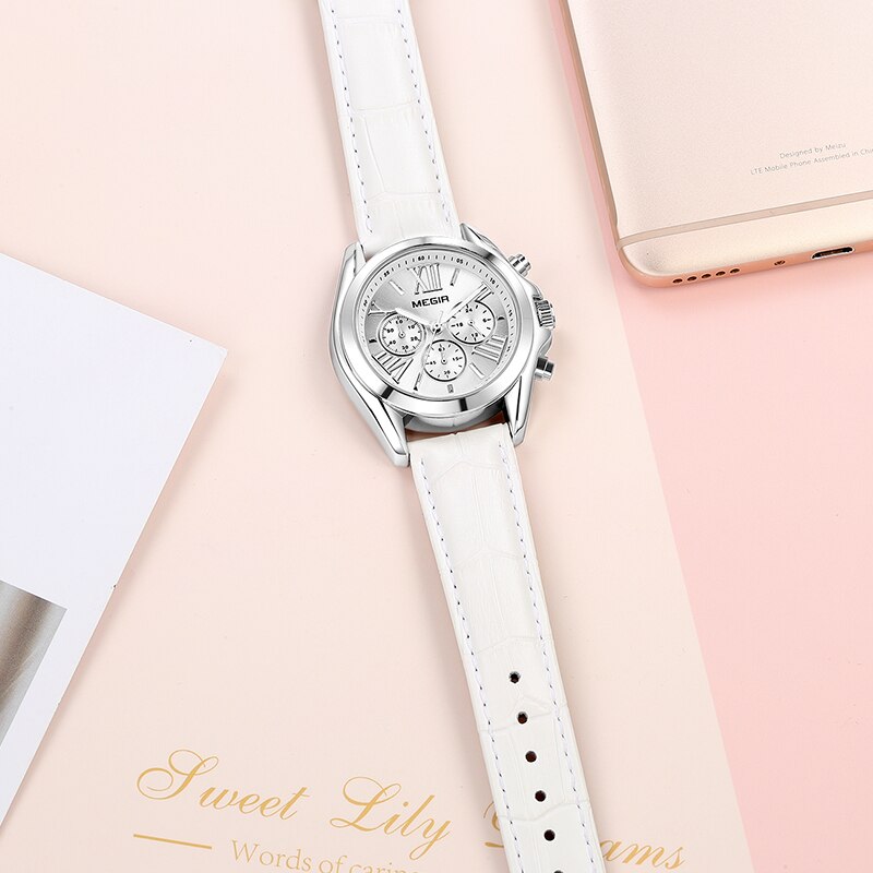 MEGIR Women Fashion Casual Quartz Wristwatch Chronograph Leather Strap Business Watch For Lady Relogios Feminiinos Clock