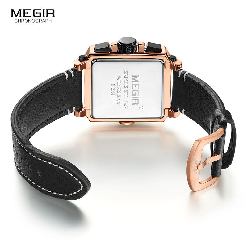 Megir Leather Strap Army Chronograph Quartz Wrist Watches Men Square Sports Stop Watch Man Clock Relogios Masculino Rose