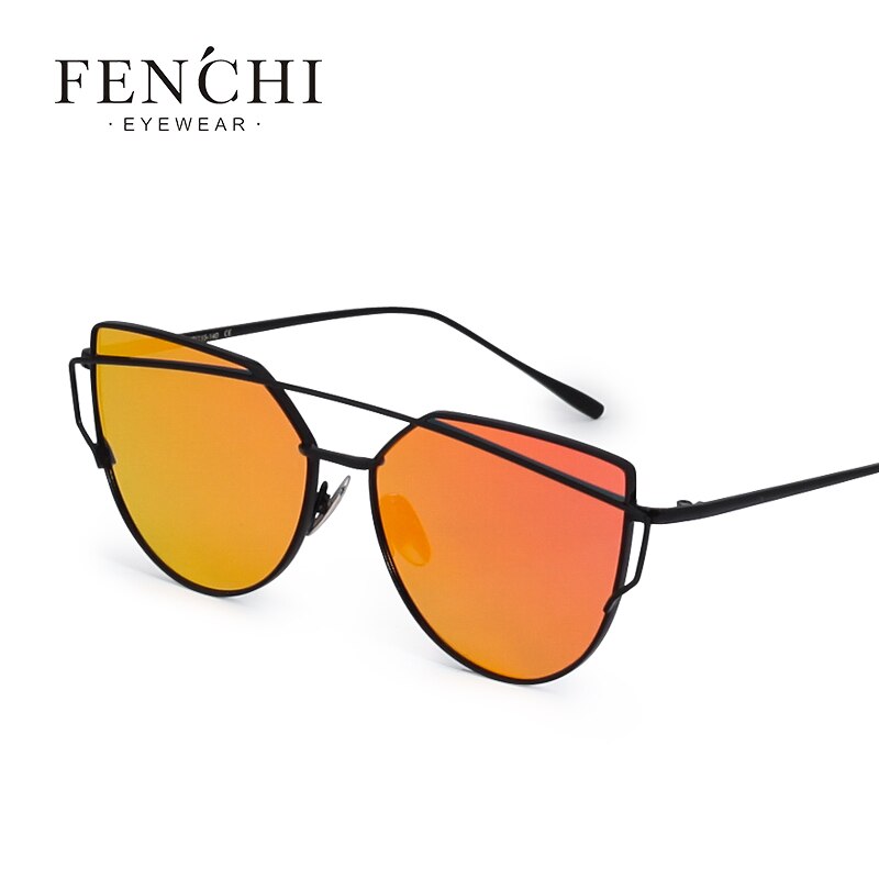 FENCHI Vintage Cat Eye Sunglasses Women Brand Designer Twin-Beams Shades Female Oversized Coating Mirror Flat Top UV400