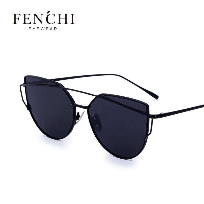 FENCHI Vintage Cat Eye Sunglasses Women Brand Designer Twin-Beams Shades Female Oversized Coating Mirror Flat Top UV400