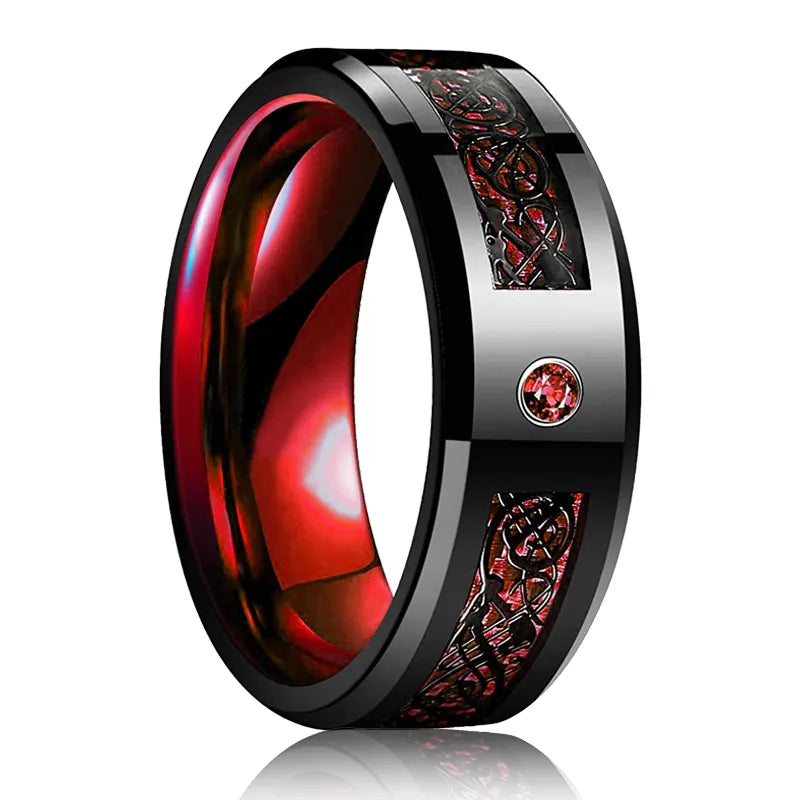 Fashion 8mm Red Groove Beveled Edge Stainless Steel Celtic Dragon Rings for Men Zircon Inlay Carbon Fibre Ring Men Wedding Band