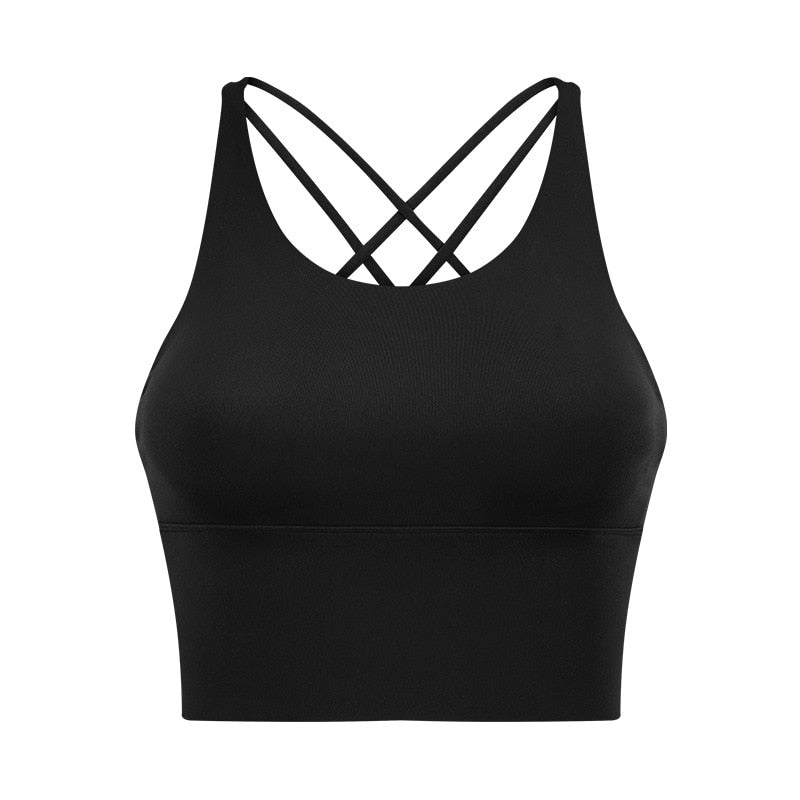 Solid Spaghetti Straps Cross Back Yoga Gym Crop Top Women Running Sport Bra Padded Activewear Exercise Fitness Cropped Tank Tops