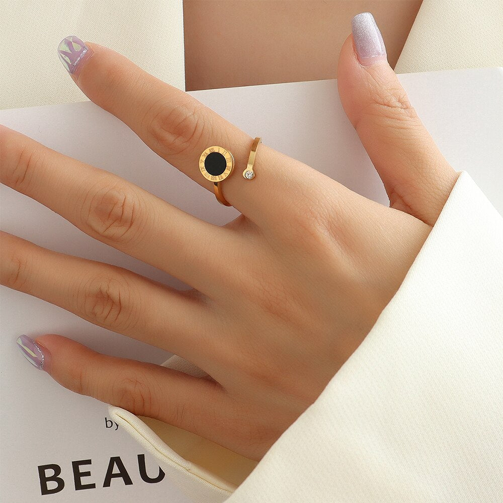 Stainless Steel Roman Numeral Shell Ring Opening With Zircon Tail Ring Fashion Female Jewelry