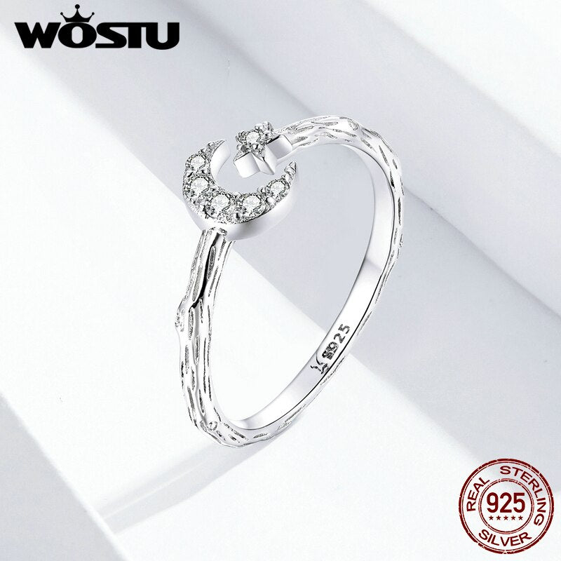 WOSTU Genuine 925 Sterling Silver Moon Star Rings Adjustable Size Finger Clear Zircon Wedding Ring Fashion Jewelry
