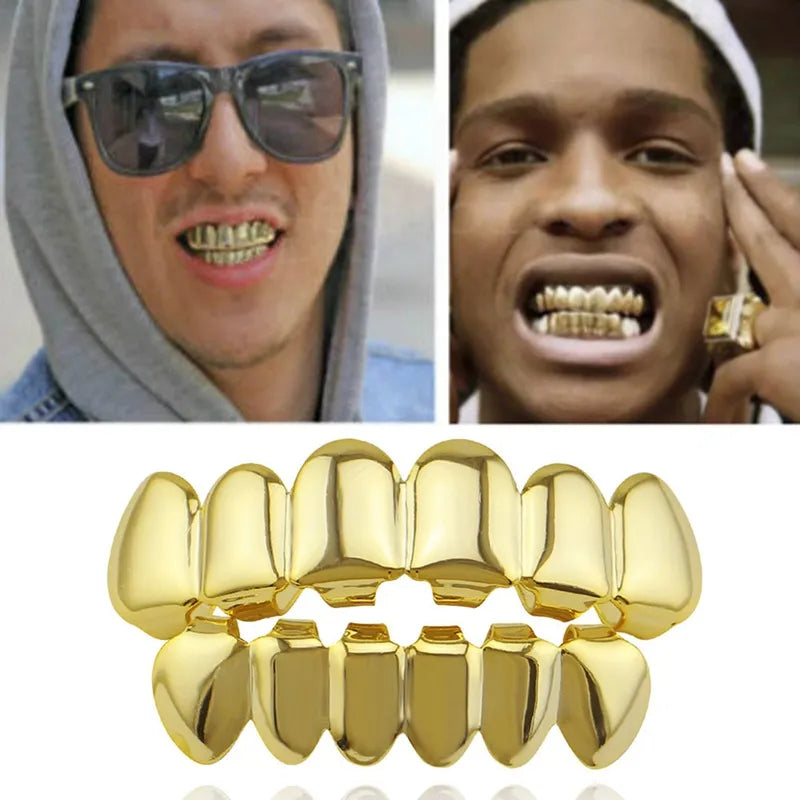 Hip Hop Gold Color Teeth Upper and Bottom Grills Dental Mouth Punk Cosplay Party Tooth Rapper Body Jewelry Gift