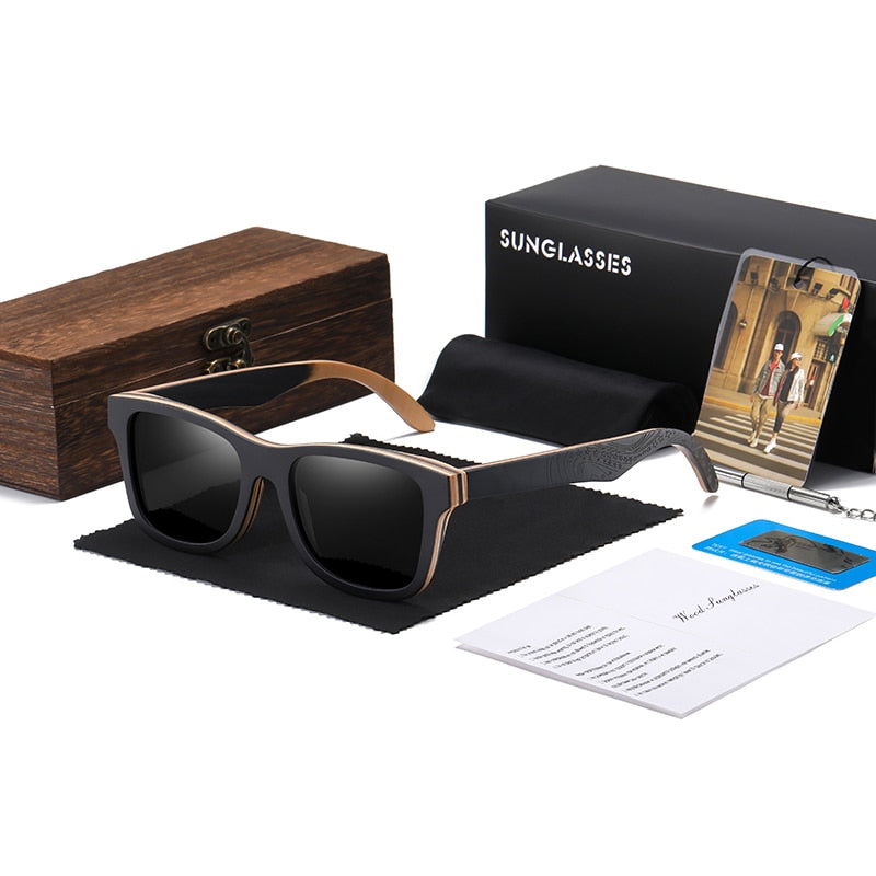 GM Luxury Skateboard Wood Sunglasses Vintage Black Frame Wooden Sunglasses Women Polarized Men's Bamboo Wood Sunglasses