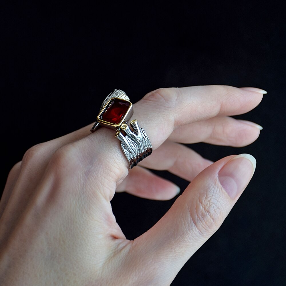 DreamCarnival1989 Exaggerated Baroque Ring for Women Split Flap Open Top Red Square Zircon Personality Female Lover Gift