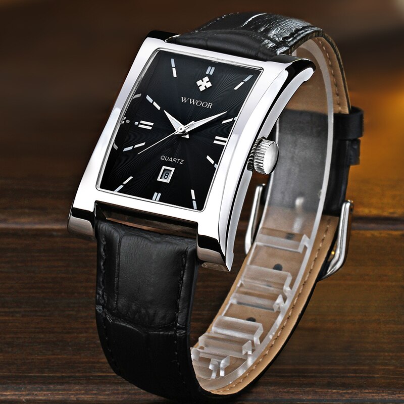 WWOOR Men Square Watches Top Brand Luxury Black Leather Strap Quartz Waterproof Clock Male Automatic Date Wrist Watch With Box