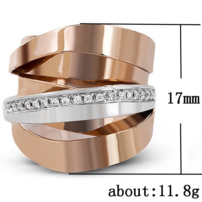 Mix Metal Interlaced Paved Zircon Crystal Stones Women Ring Rose Gold Color Silver Color Hyperbole Party Ring Hot Jewelry