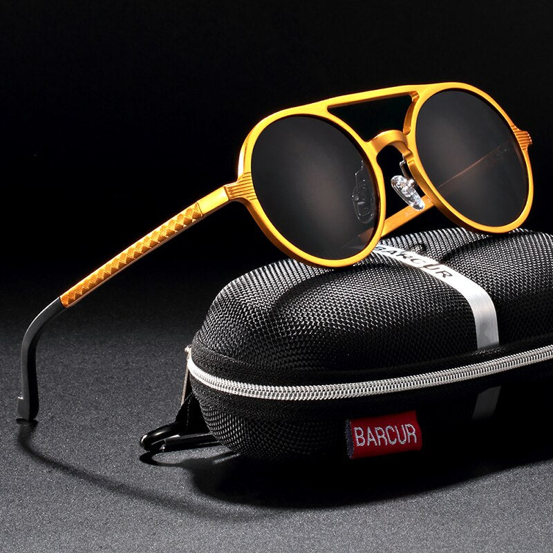 Brand Designer Steampunk Sun glasses Female Retro Aluminum magnesium Sunglasses Men Round Sunglasses Polarizes oculos de sol